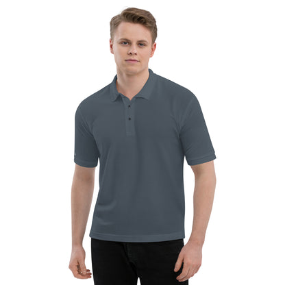 Port Authority Men's Premium Polo shirt in a relaxed fit, featuring a flat knit collar, metal buttons, and HFT store embroidery steel grey front