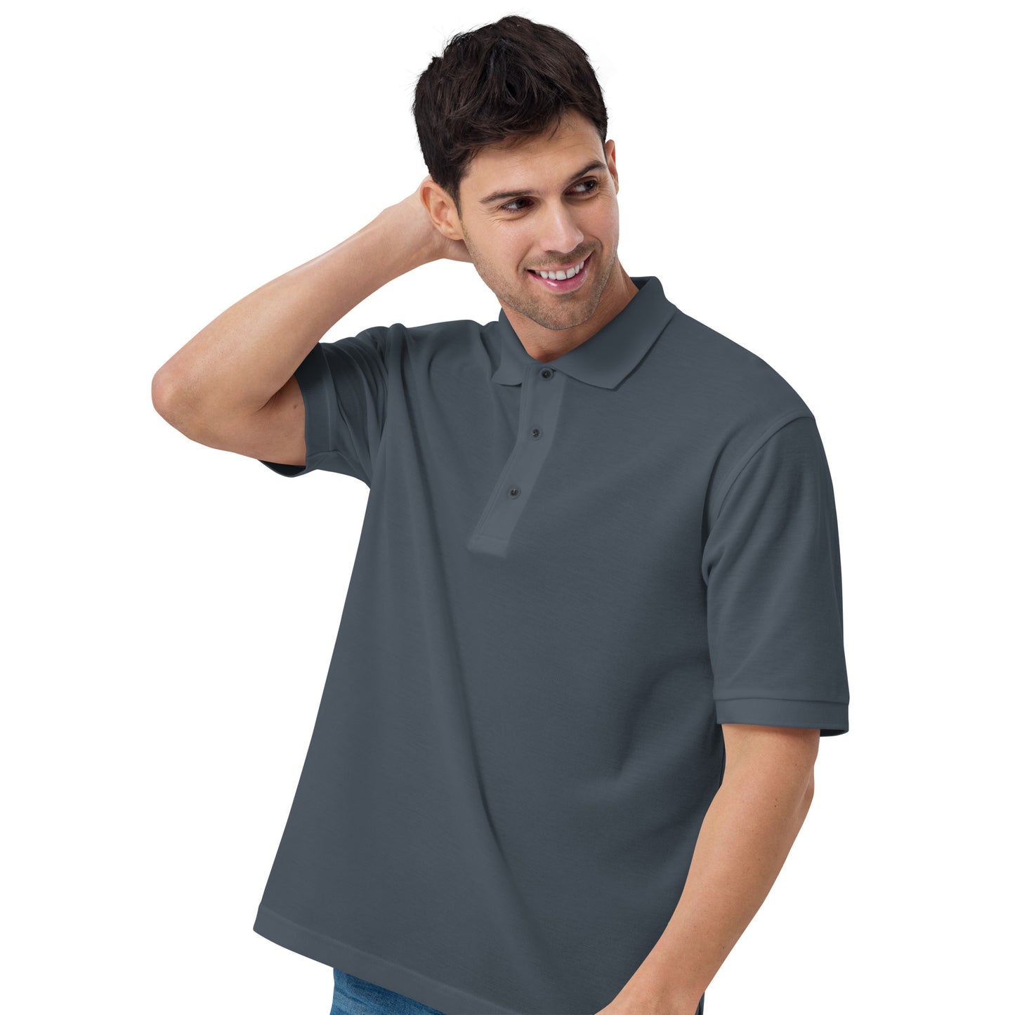 Port Authority Men's Premium Polo shirt in a relaxed fit, featuring a flat knit collar, metal buttons, and HFT store embroidery steel grey left front