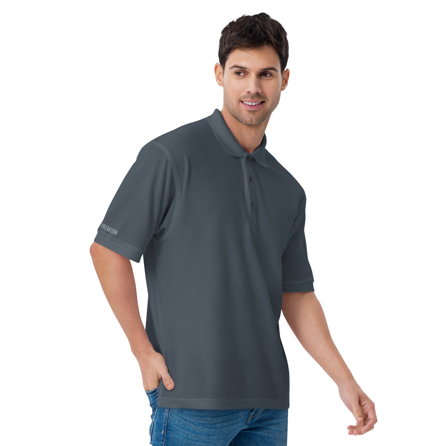 Port Authority Men's Premium Polo shirt in a relaxed fit, featuring a flat knit collar, metal buttons, and HFT store embroidery steel grey right front