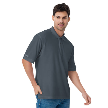 Port Authority Men's Premium Polo shirt in a relaxed fit, featuring a flat knit collar, metal buttons, and HFT store embroidery steel grey right front