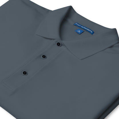 Port Authority Men's Premium Polo shirt in a relaxed fit, featuring a flat knit collar, metal buttons, and HFT store embroidery steel grey collar detail