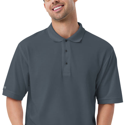 Port Authority Men's Premium Polo shirt in a relaxed fit, featuring a flat knit collar, metal buttons, and HFT store embroidery steel grey front zoom in