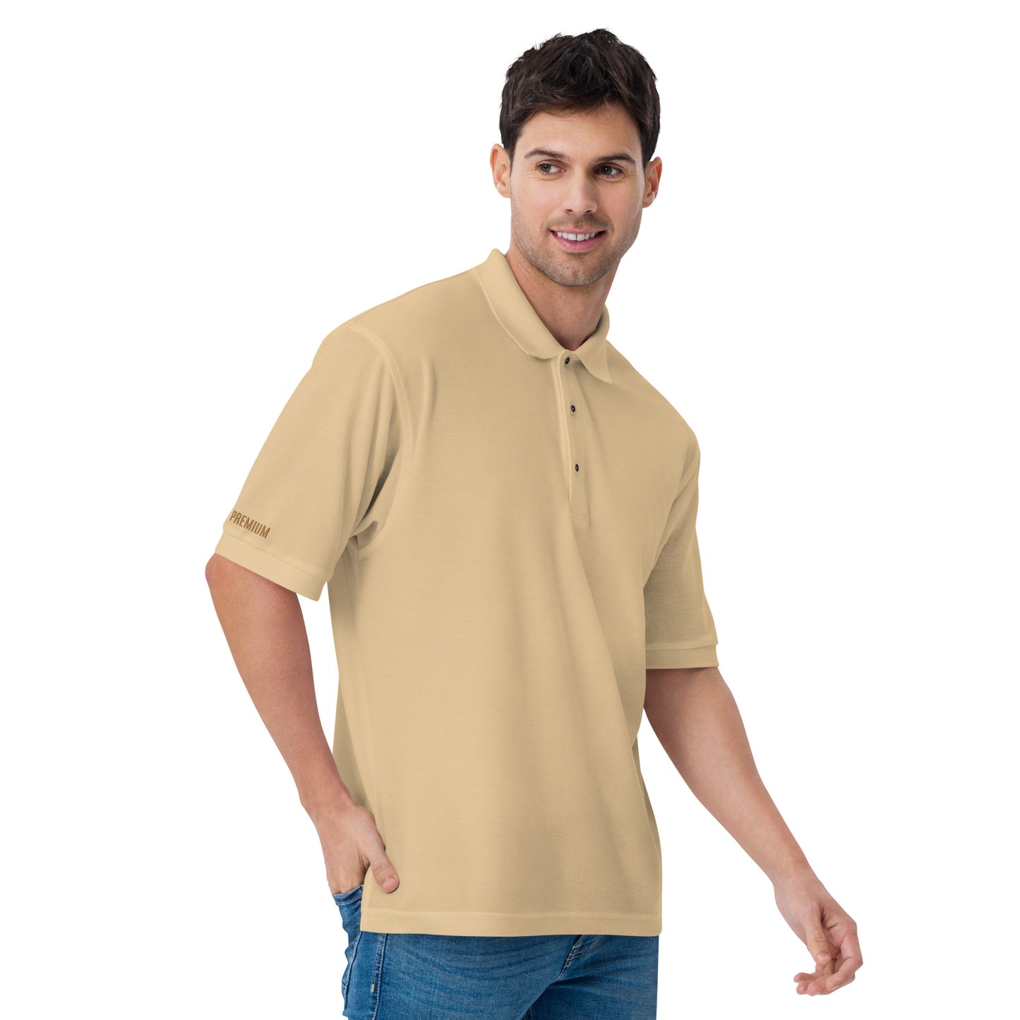 Port Authority Men's Premium Polo shirt in a relaxed fit, featuring a flat knit collar, metal buttons, and HFT store embroidery. Shown in a classic stone front male model looking