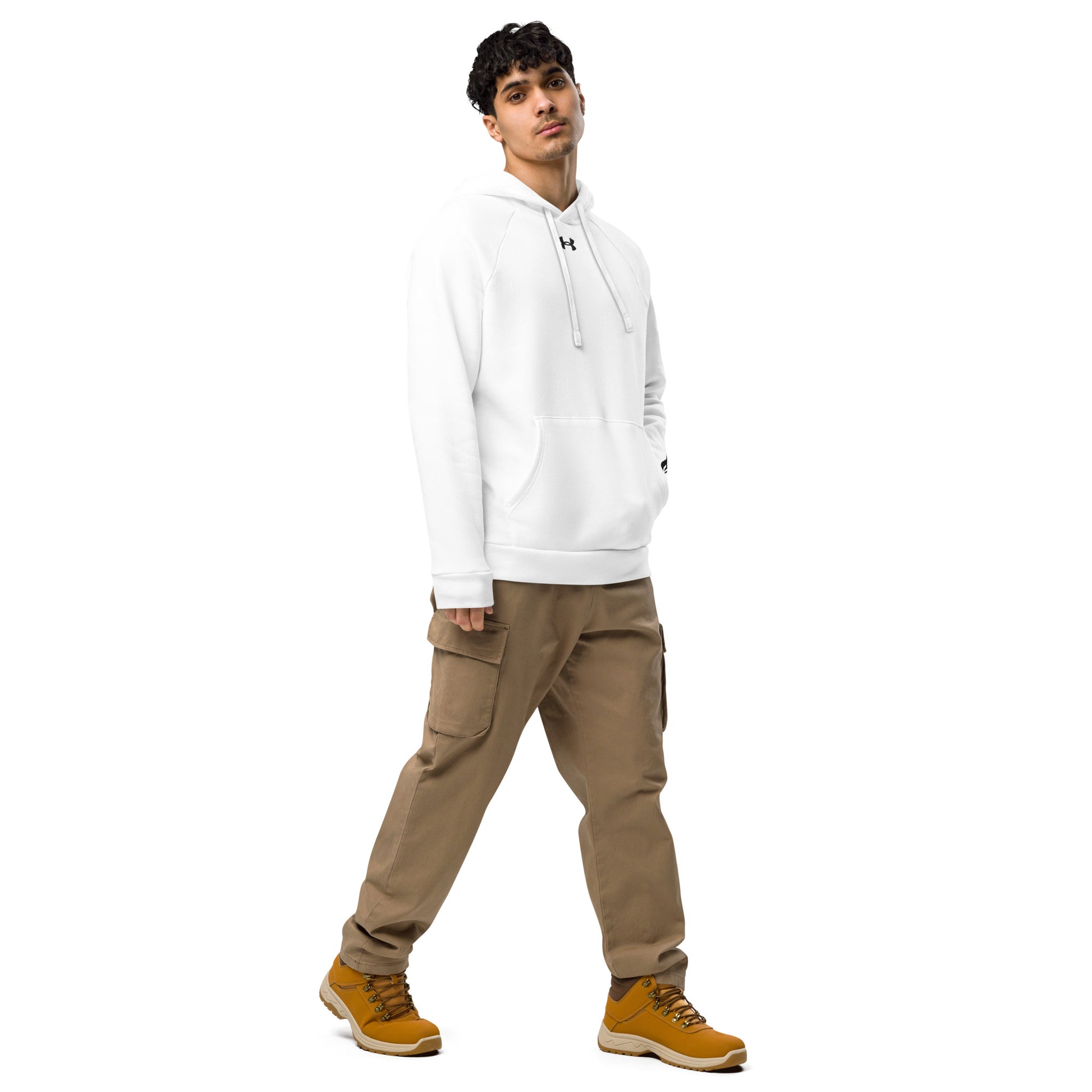 man wearing  white a HFT Under Armour® Hoodie with a relaxed fit, showcasing comfort and a subtle logo, perfect for casual or active wear