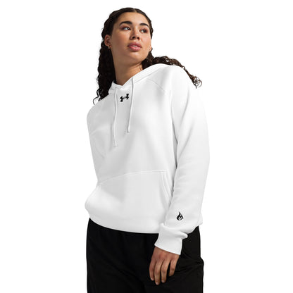 Woman wearing a HFT Under Armour® Hoodie with a relaxed fit, showcasing comfort and a subtle logo, perfect for casual or active wear white