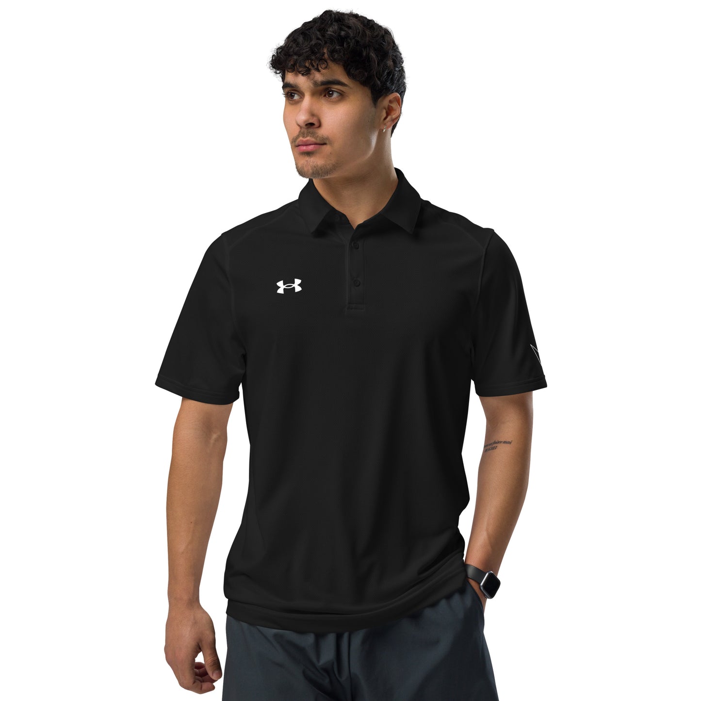 Under Armour men's  black polo shirt with moisture-wicking fabric and anti-odor technology  front model