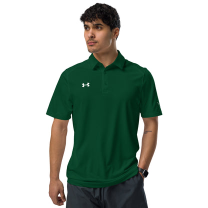 Under Armour men's  forest green front polo shirt with moisture-wicking fabric and anti-odor technology model