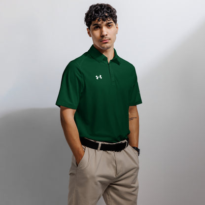 Under Armour men's  forest green front polo shirt with moisture-wicking fabric and anti-odor technology  front collar