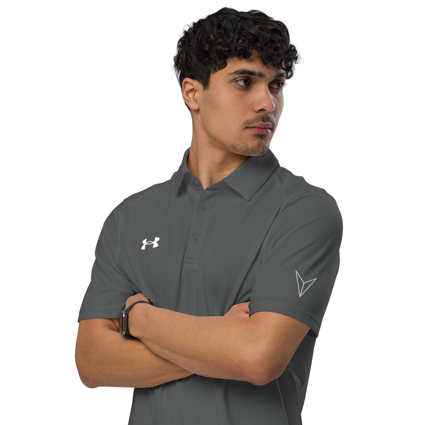 Under Armour men's  grey  front polo shirt with moisture-wicking fabric and anti-odor technology  model