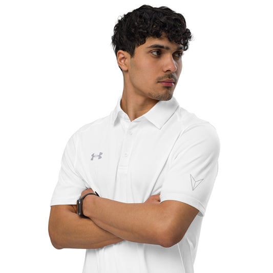 Under Armour men's  white  front polo shirt with moisture-wicking fabric and anti-odor technology model half body