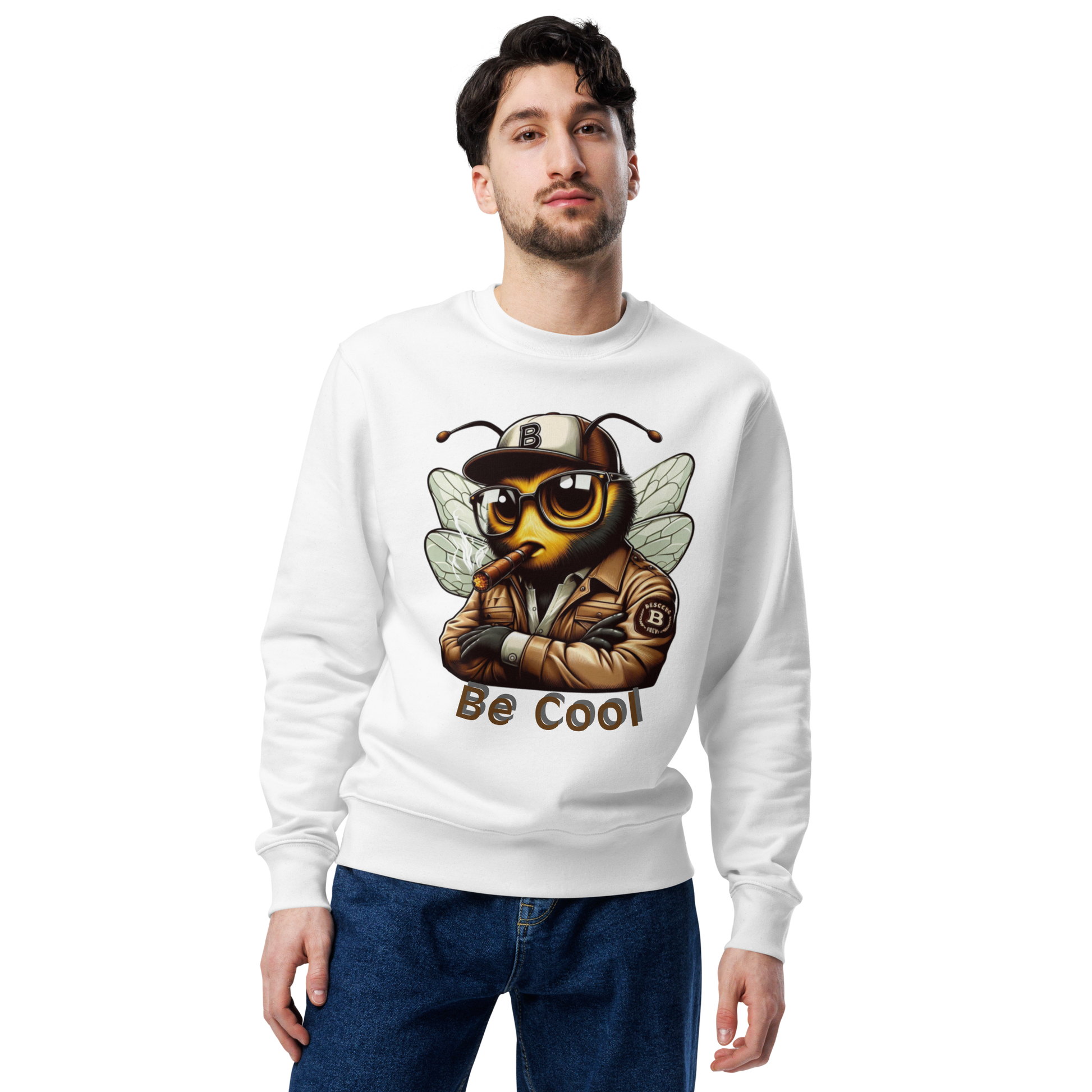 Mr Bee Be Cool Unisex Eco Sweatshirt White front  MALE