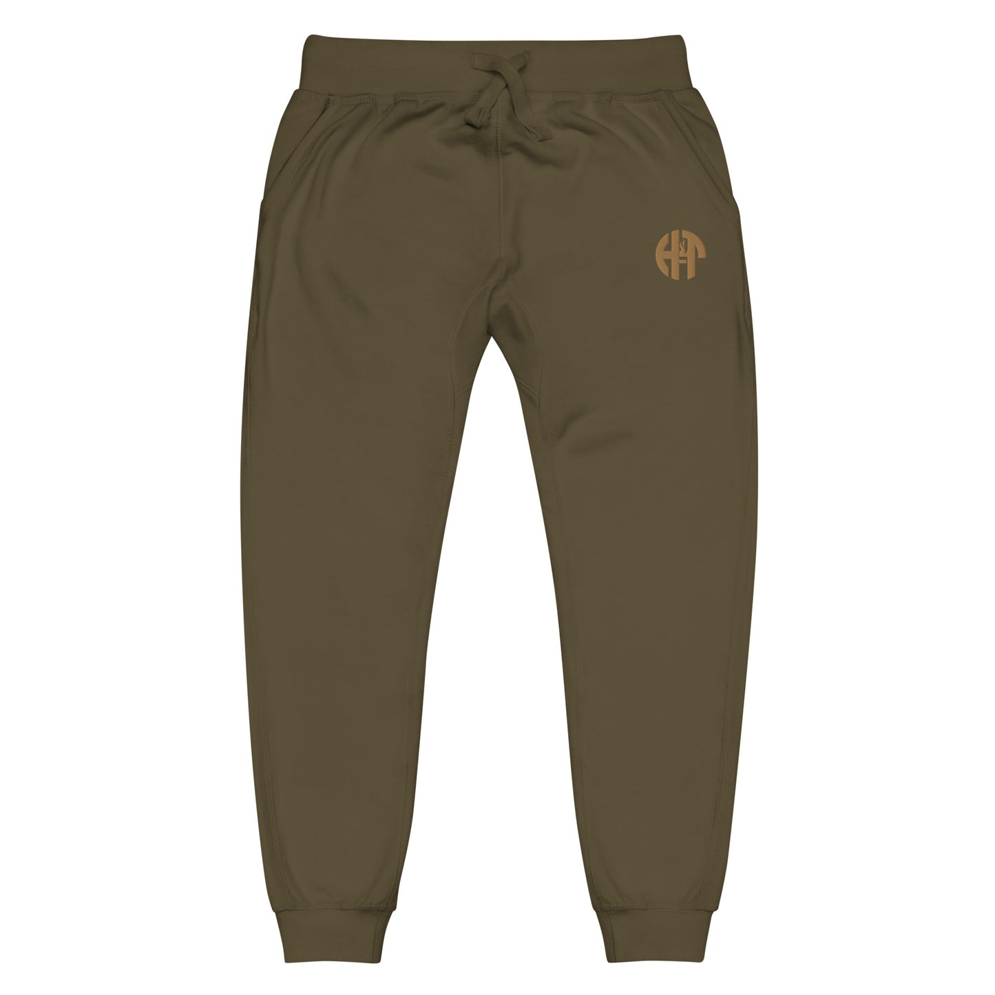 unisex fleece sweatpants with a comfortable fit, featuring an elastic waistband, elastic ankle cuffs, and a subtle black 'HFT' logo on the upper left thigh military green front 