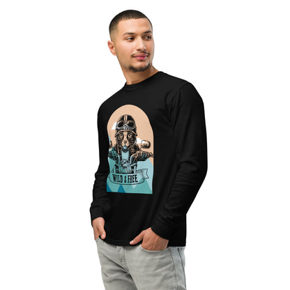 black front Fashionable unisex HFT Garment-dyed Heavyweight Long-sleeve Shirtfeaturing a unique 'Wild & Free' cat motorcyclist graphic, embodying a blend of adventure and casual comfort