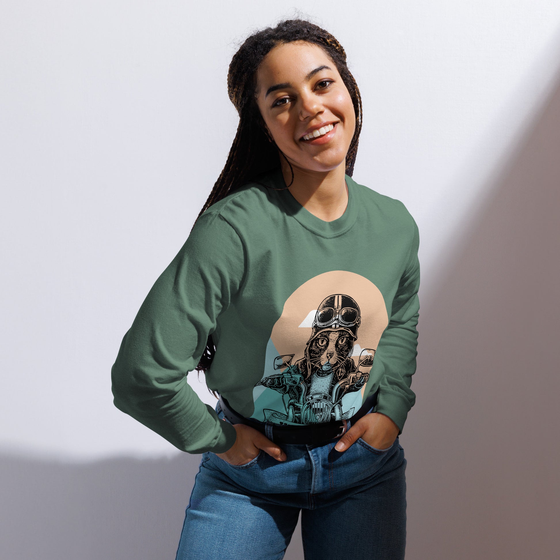 light green front Fashionable unisex HFT Garment-dyed Heavyweight Long-sleeve Shirtfeaturing a unique 'Wild & Free' cat motorcyclist graphic, embodying a blend of adventure and casual comfort