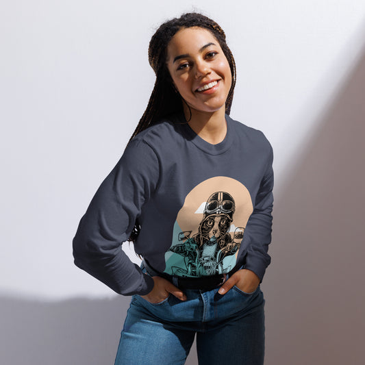 navy front Fashionable unisex HFT Garment-dyed Heavyweight Long-sleeve Shirtfeaturing a unique 'Wild & Free' cat motorcyclist graphic, embodying a blend of adventure and casual comfort