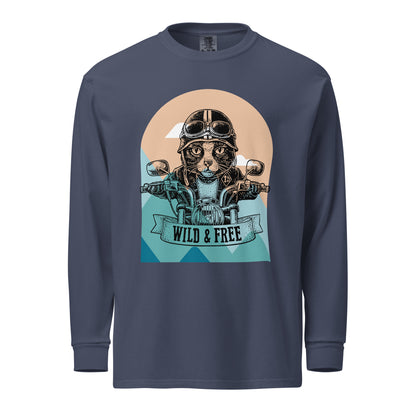 navy front Fashionable unisex HFT Garment-dyed Heavyweight Long-sleeve Shirtfeaturing a unique 'Wild & Free' cat motorcyclist graphic, embodying a blend of adventure and casual comfort