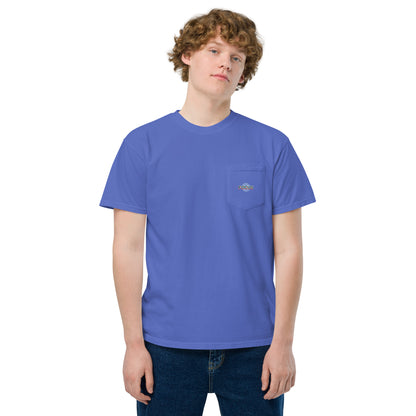 Person wearing the HFT Unisex Garment-Dyed Pocket T-shirt featuring a distinctive peace-sign hand graphic and the word 'p.e.a.c.e' printed on the back blue front