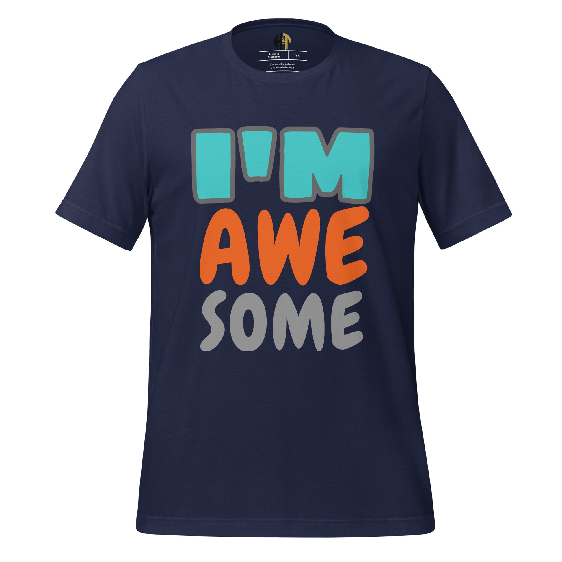 Couple wearing HFT Unisex Staple Eco T-shirts, with the navy tee featuring the text 'I'm awesome' in multicolor