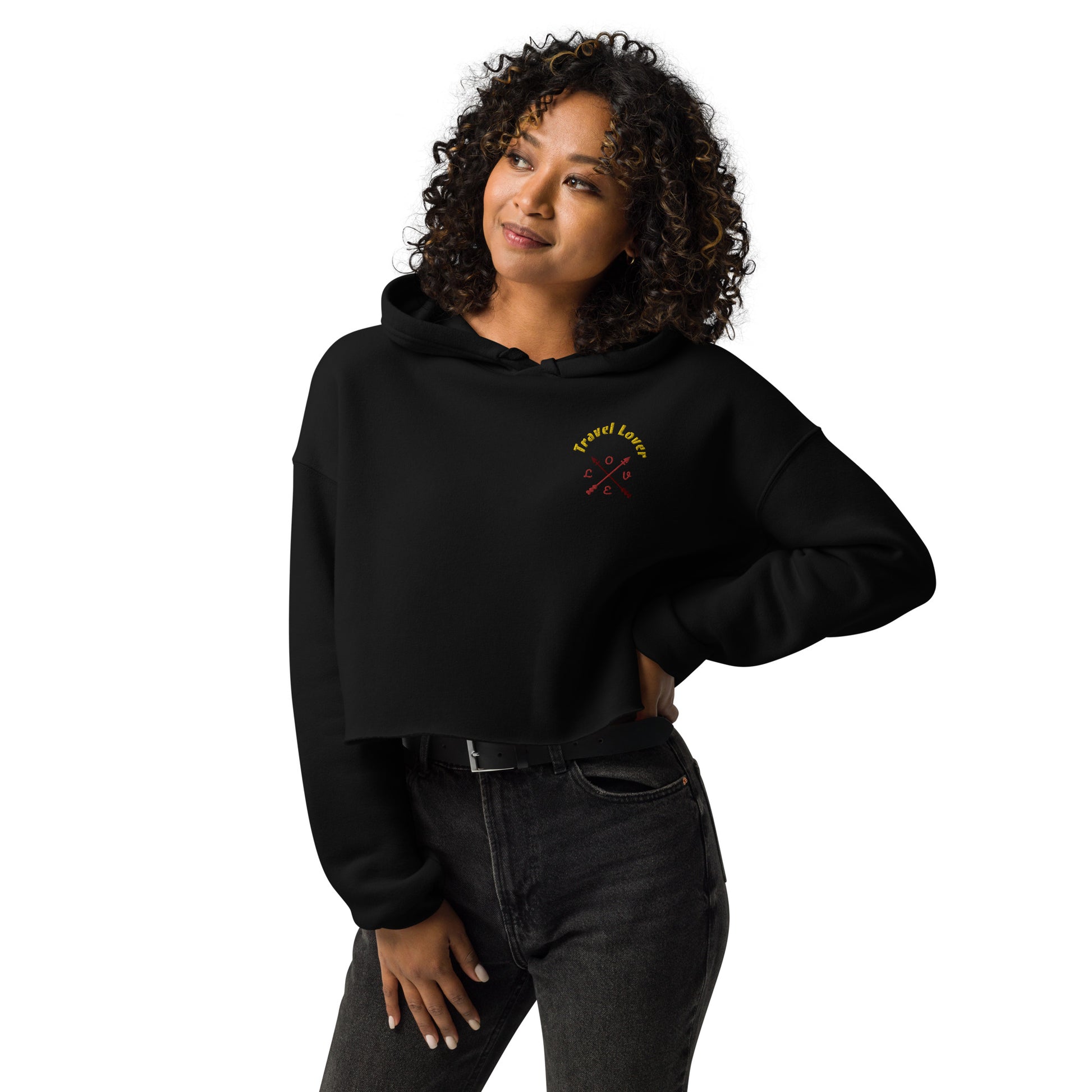 Travel Lover Crop Hoodie featuring raw hem and matching drawstrings, in stylish urban design military black front woman 