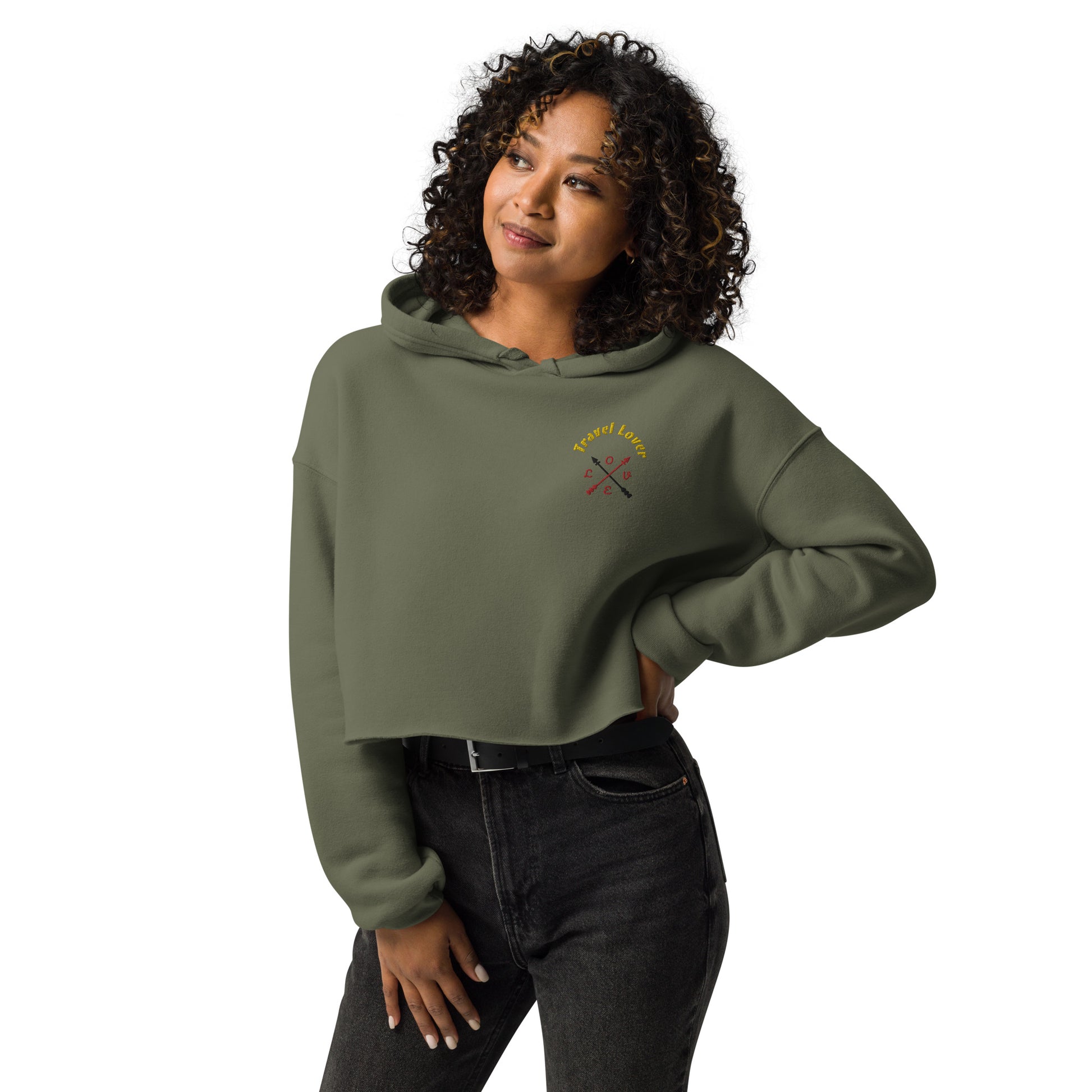 Travel Lover Crop Hoodie featuring raw hem and matching drawstrings, in stylish urban design military green front