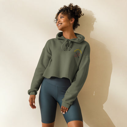 Travel Lover Crop Hoodie featuring raw hem and matching drawstrings, in stylish urban design military green