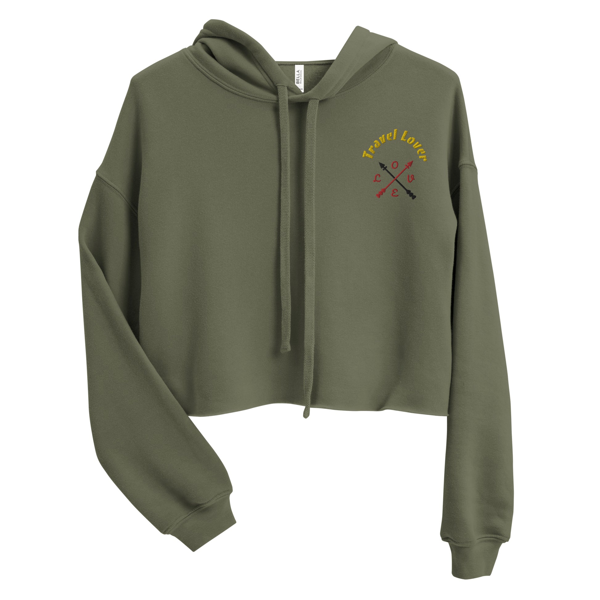 Travel Lover Crop Hoodie featuring raw hem and matching drawstrings, in stylish urban design green front