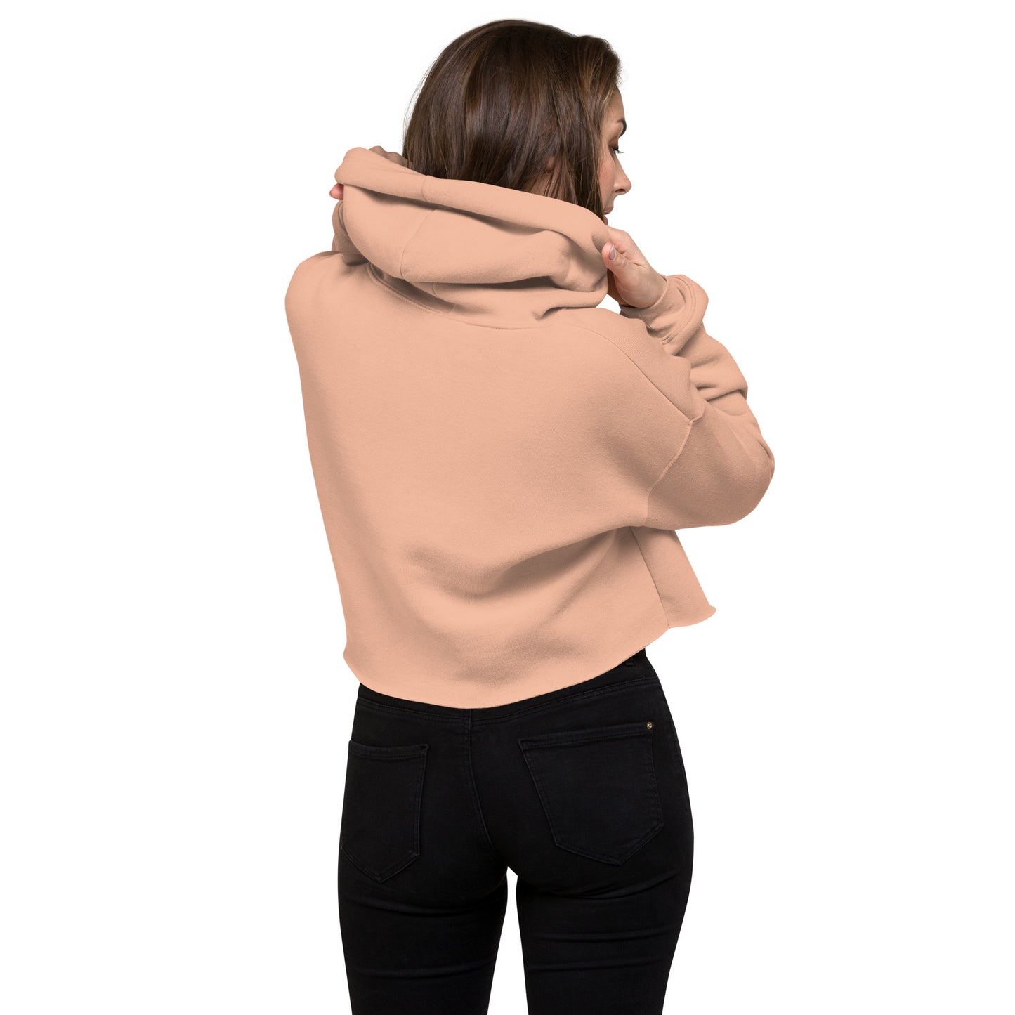 Travel Lover Crop Hoodie featuring raw hem and matching drawstrings, in stylish urban design peach back