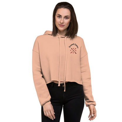 Travel Lover Crop Hoodie featuring raw hem and matching drawstrings, in stylish urban design peach front