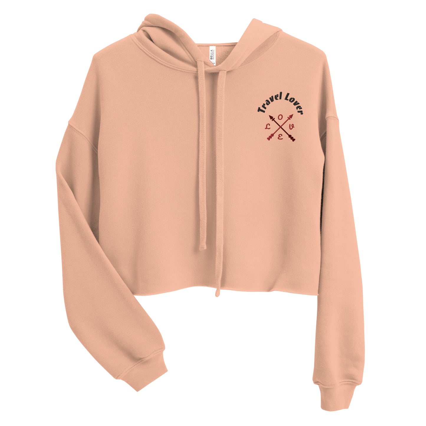 Travel Lover Crop Hoodie featuring raw hem and matching drawstrings, in stylish urban design peach front no model