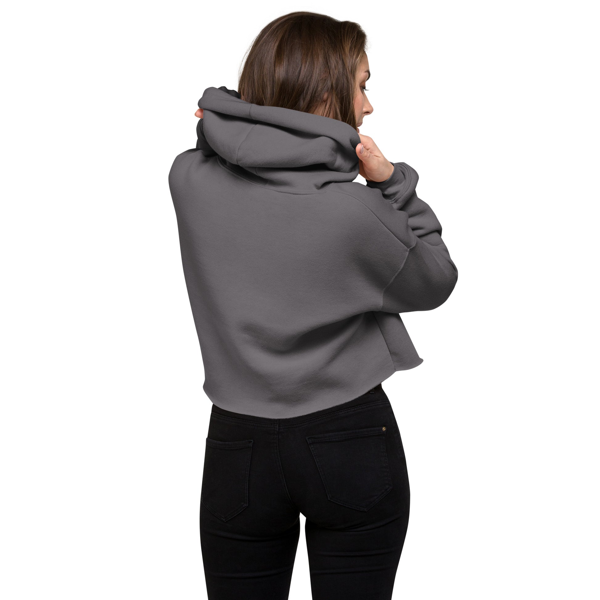 Travel Lover Crop Hoodie featuring raw hem and matching drawstrings, in stylish urban design storm back