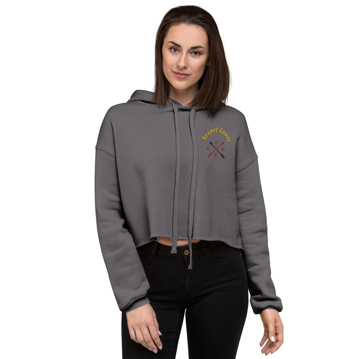 Travel Lover Crop Hoodie featuring raw hem and matching drawstrings, in stylish urban design storm front lady wear