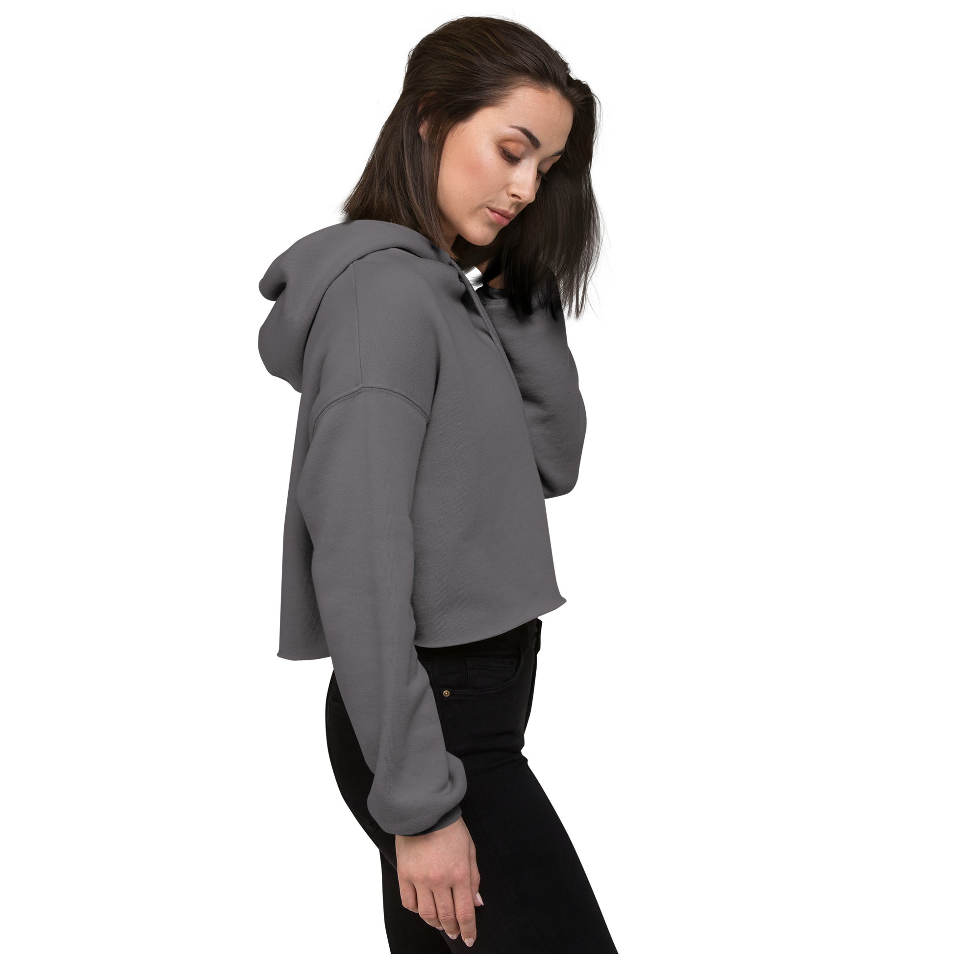 Travel Lover Crop Hoodie featuring raw hem and matching drawstrings, in stylish urban design storm right front