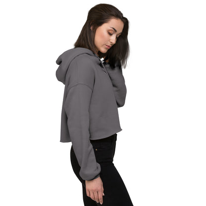 Travel Lover Crop Hoodie featuring raw hem and matching drawstrings, in stylish urban design storm right front