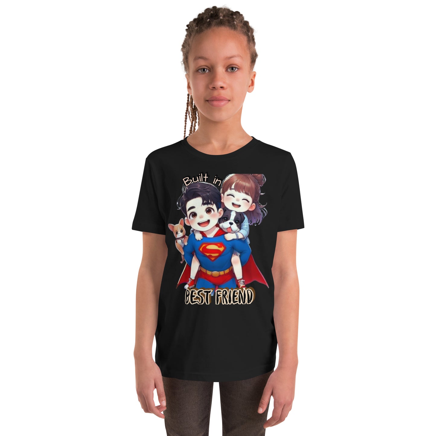 Sibling Matching Super Hero Short Sleeve T-Shirt black front girl