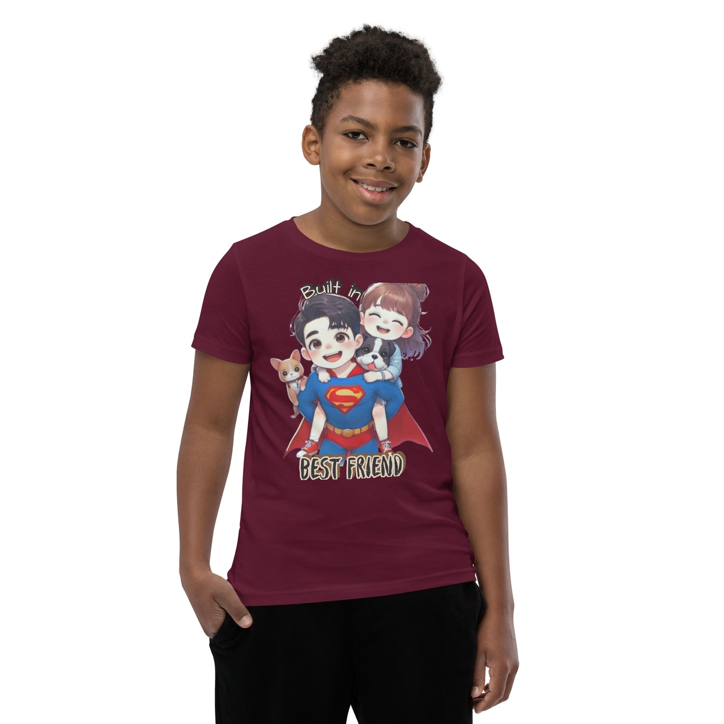 Sibling Matching Super Hero Short Sleeve T-Shirt maroon front boy