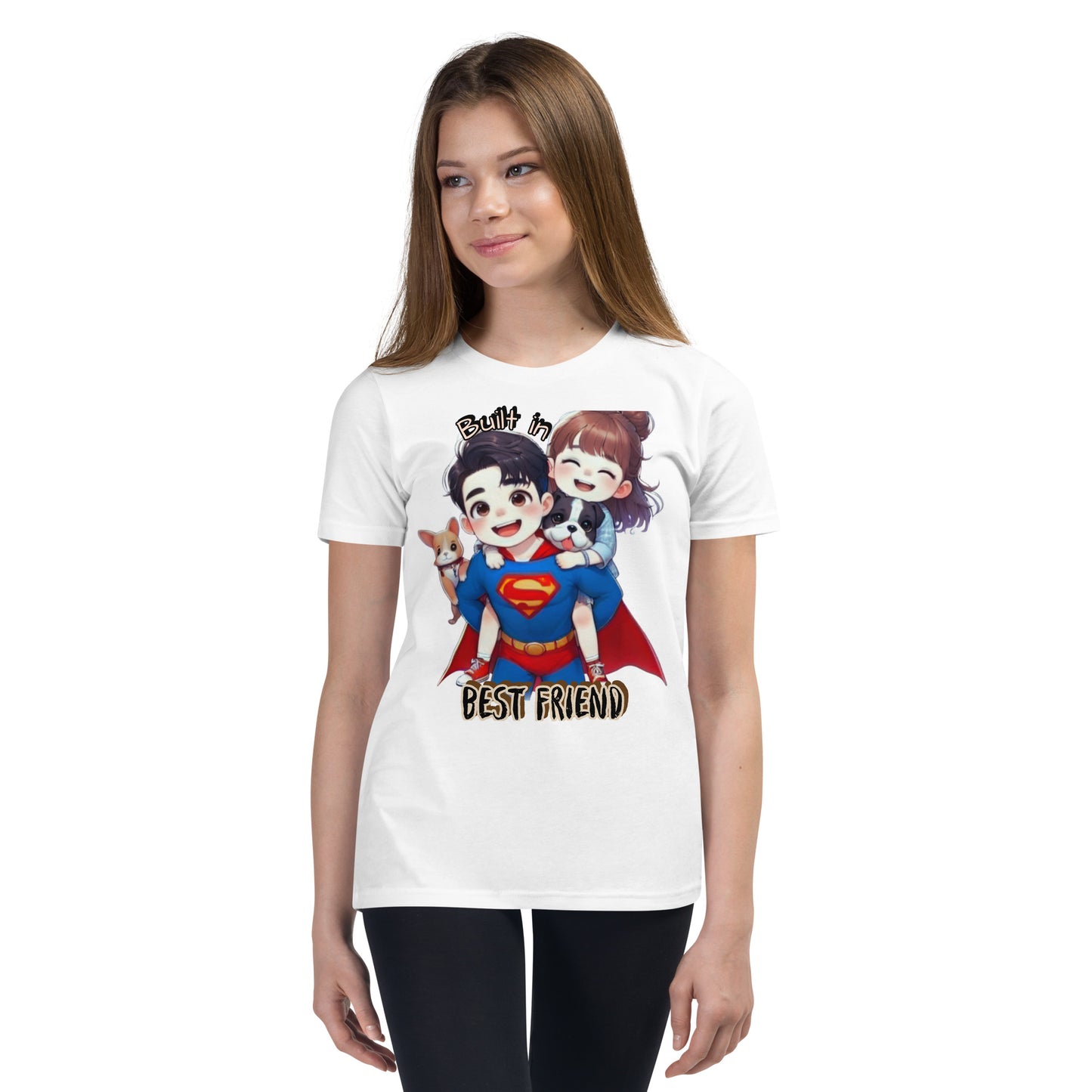 Sibling Matching Super Hero Short Sleeve T-Shirt white front girl